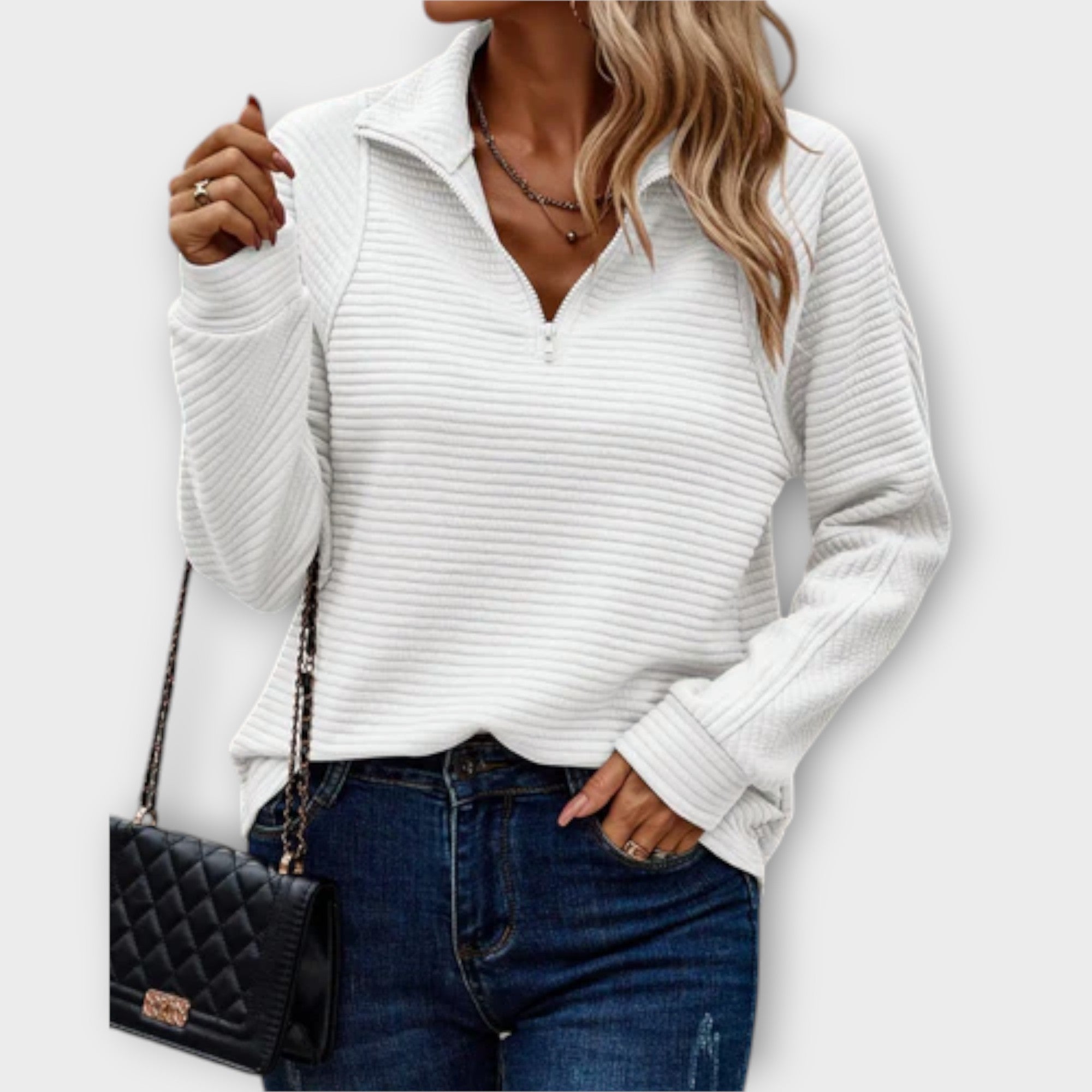 Vilja - Pull à demi-zip en rose avec motif en côtes