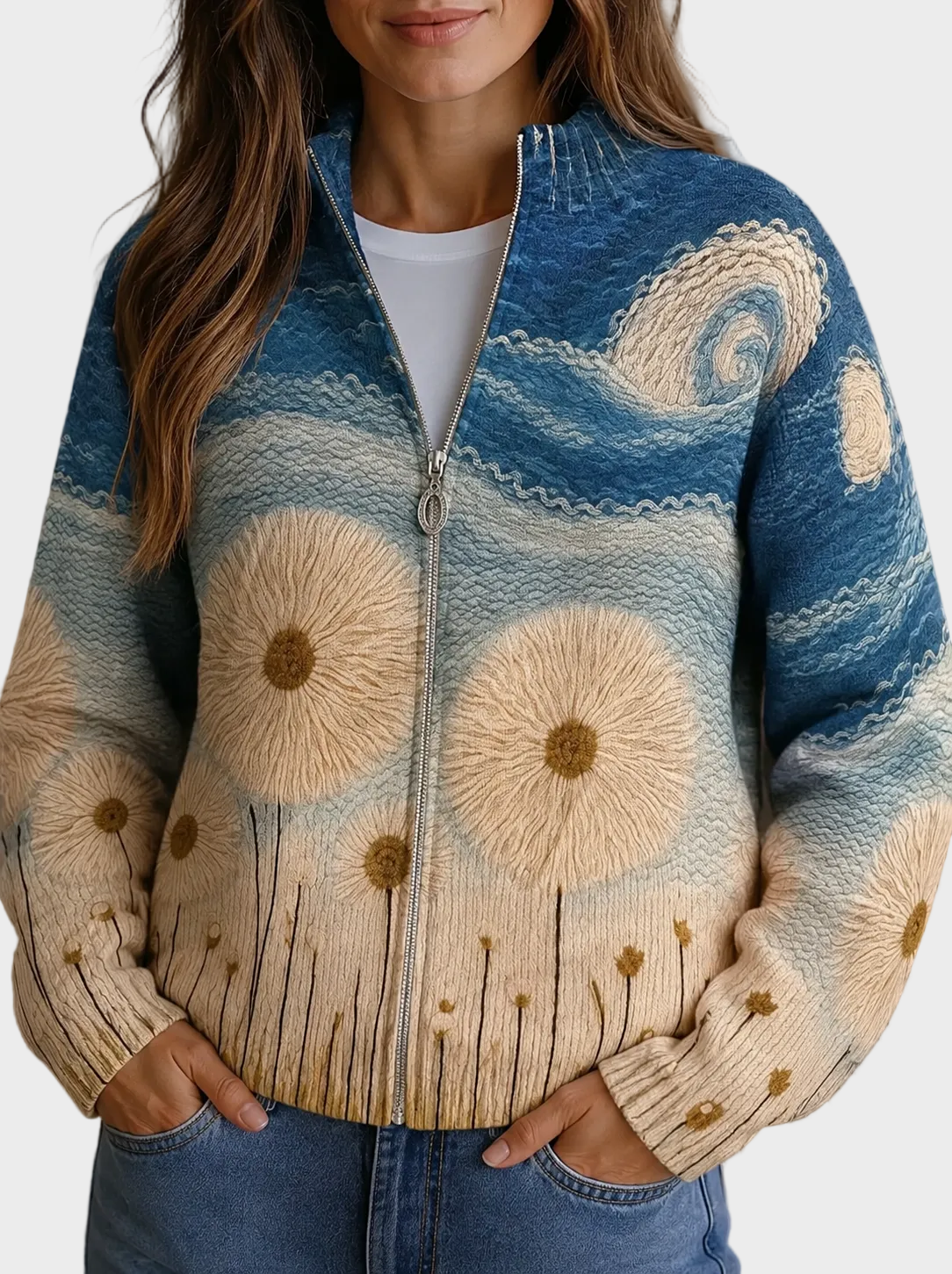 Yolanda – Gilet matelassé zippé à motif pissenlits