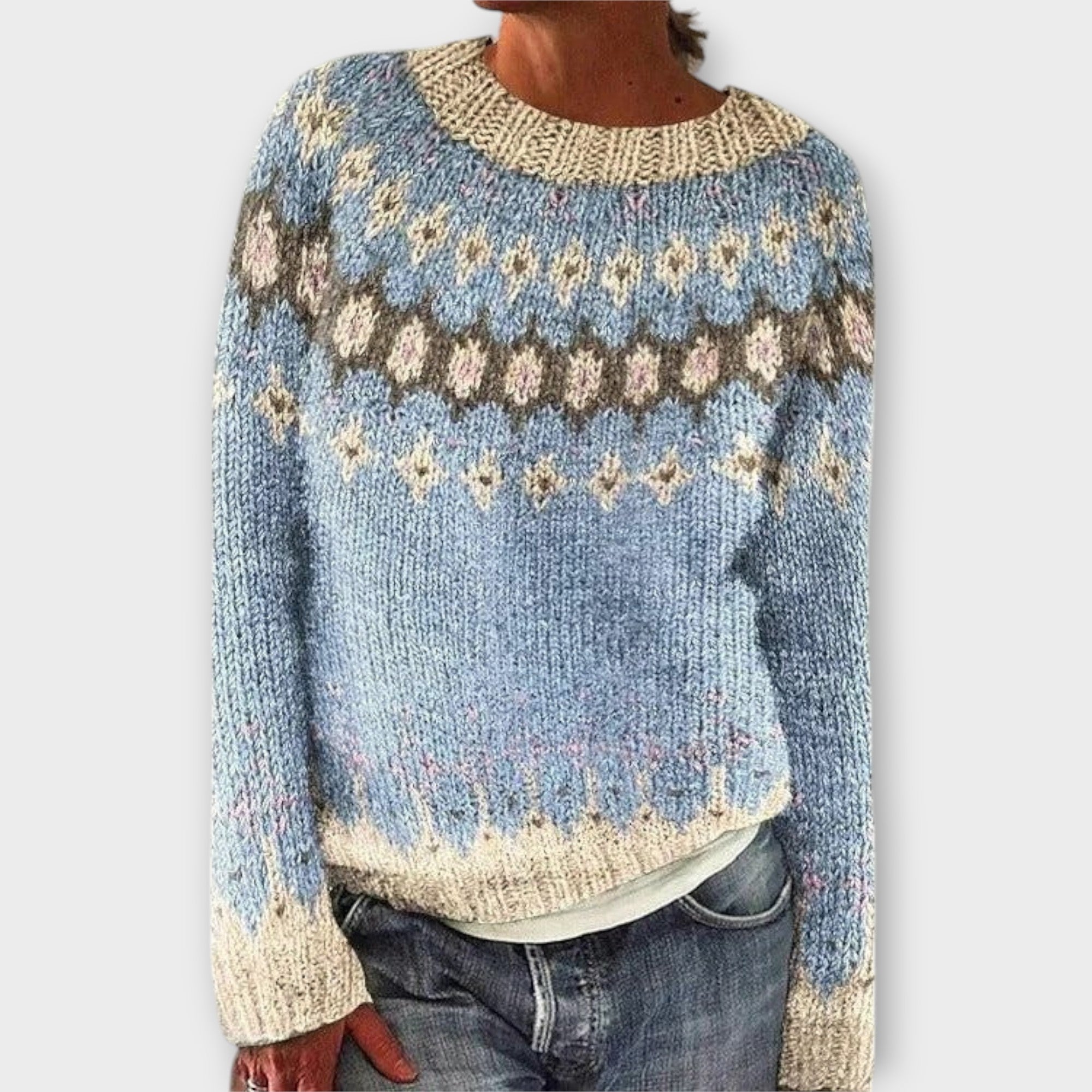 Devyn - Pull en velours côtelé couleur pétrole avec motif norvégien