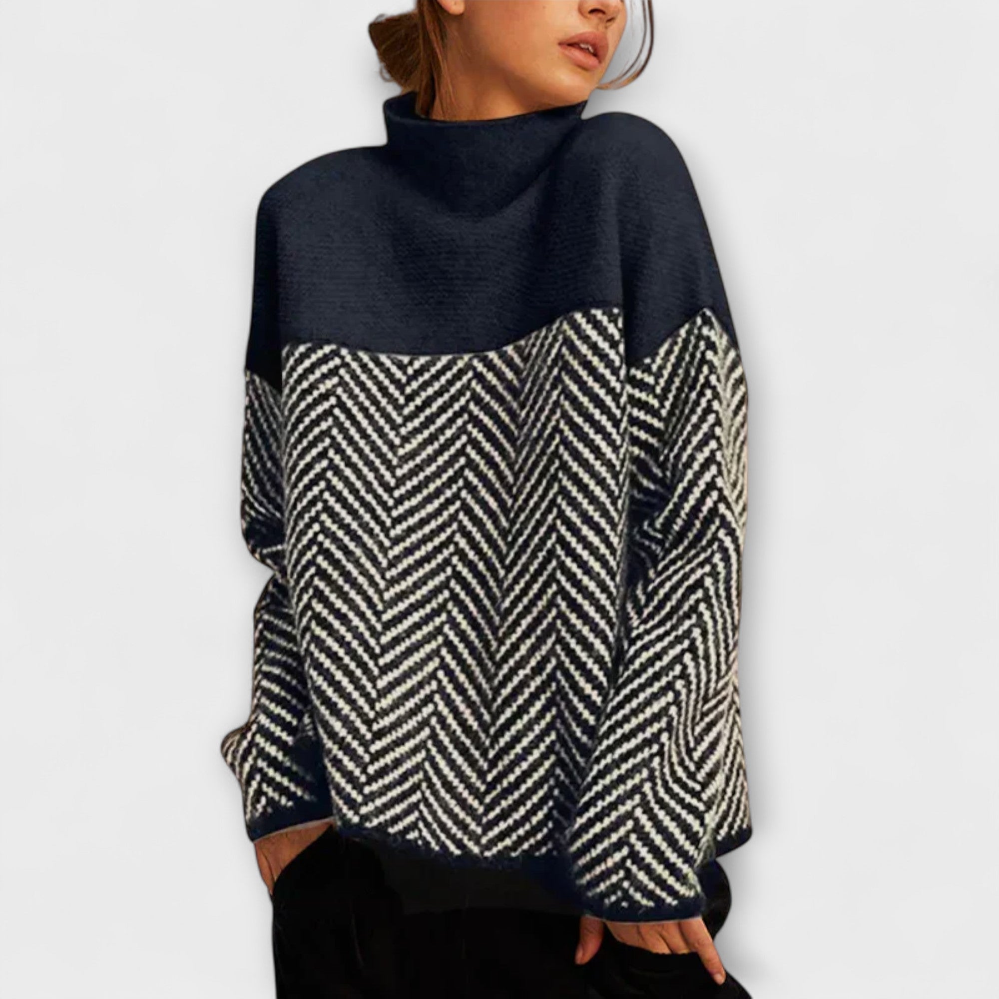 Agathe - Pull à col roulé brun avec motif en chevrons