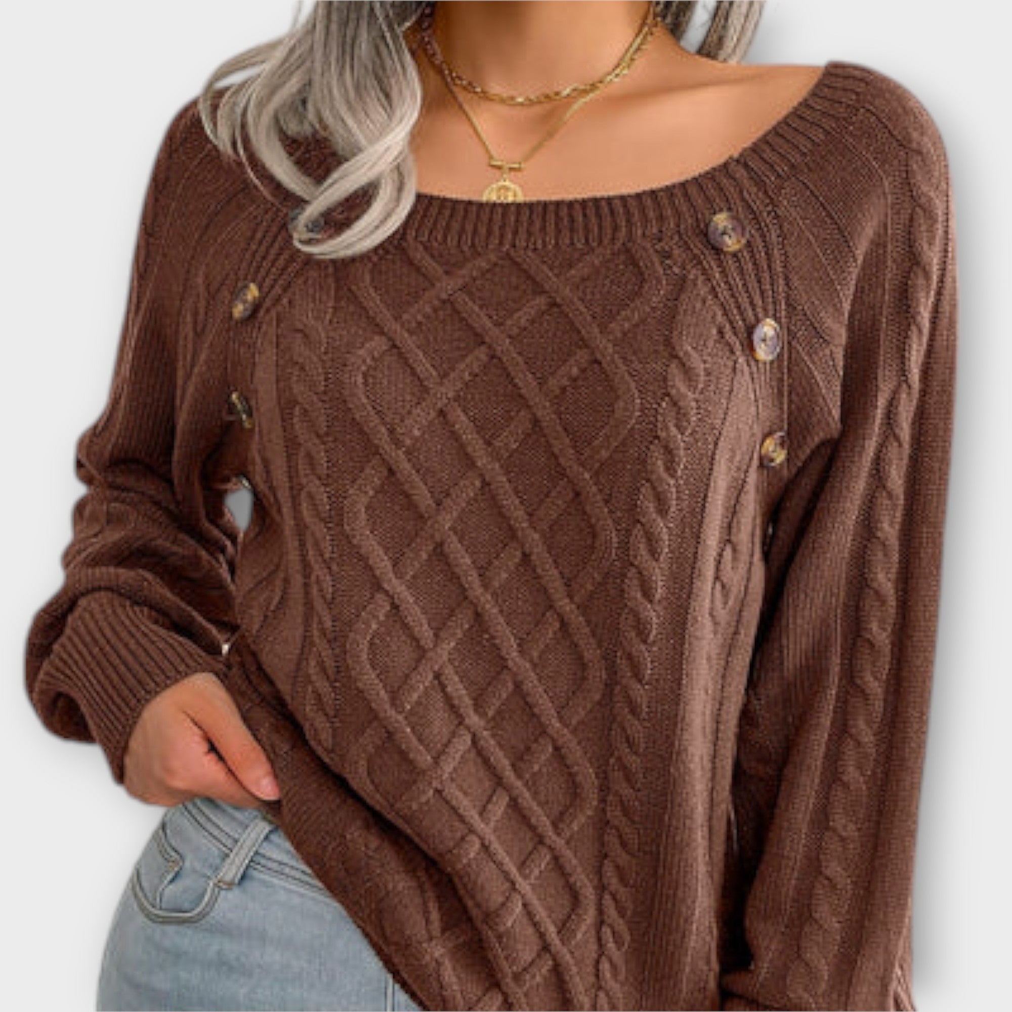 Malia - Pull gris foncé avec boutons et motif en torsades