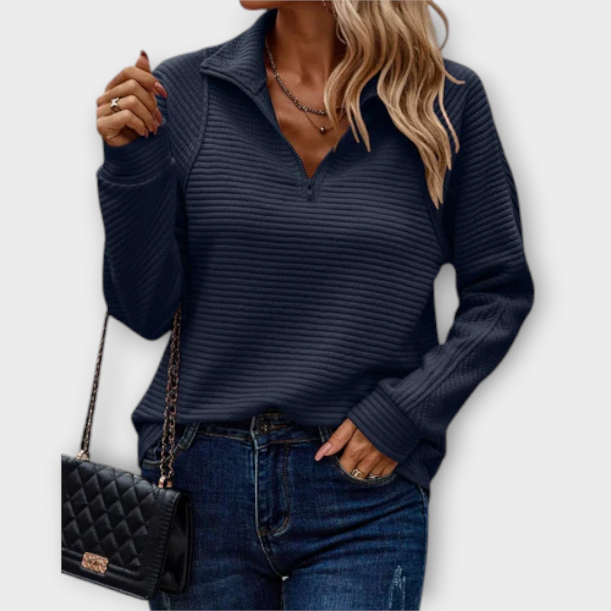 Vilja - Pull à demi-zip en rose avec motif en côtes