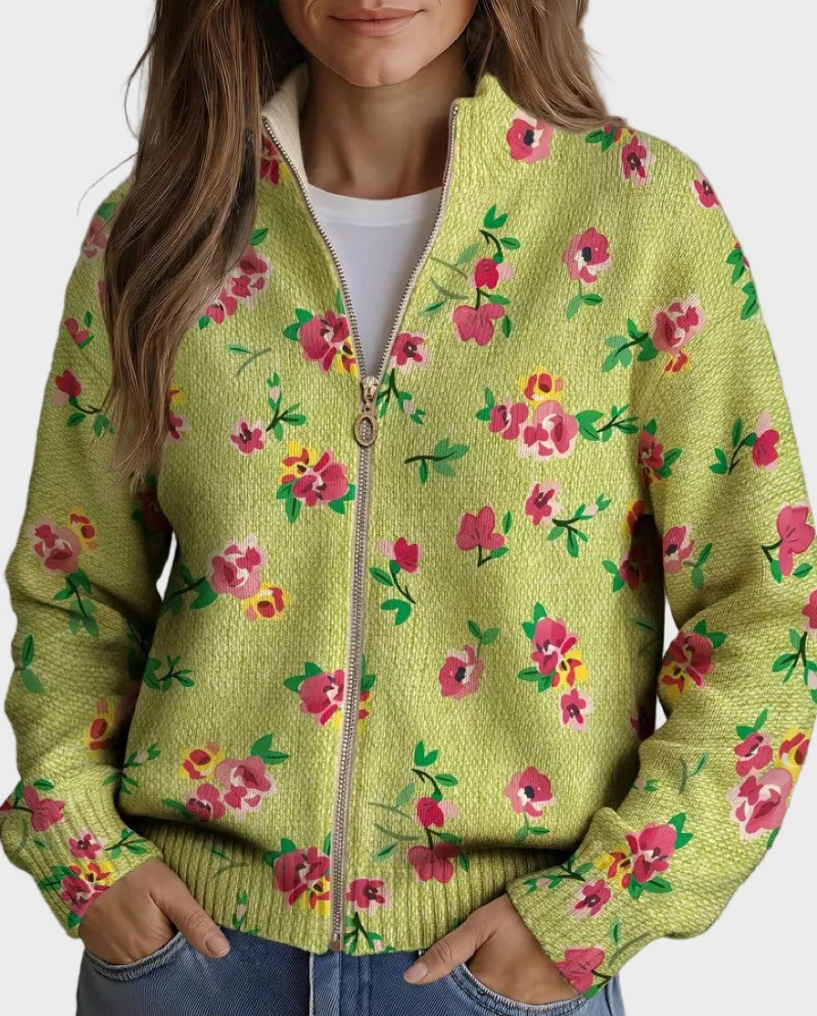 Constance – Gilet fleuri rose zippé