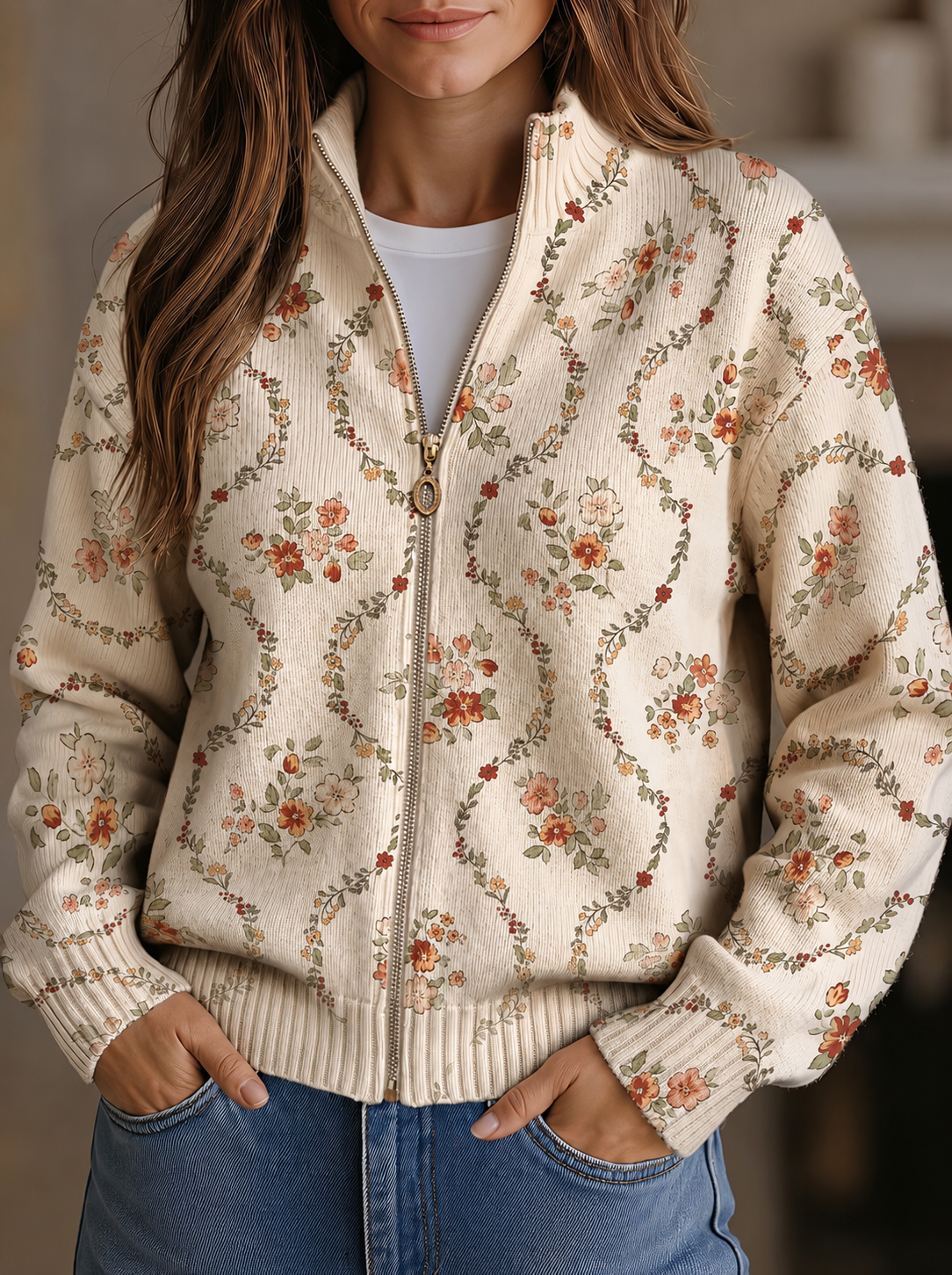 Persephone – Gilet crème à délicat imprimé fleuri